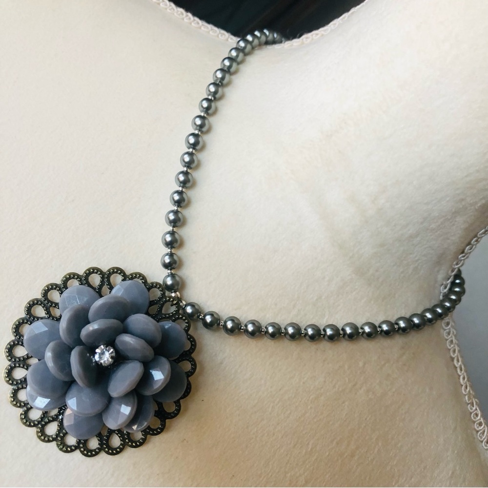 Handcrafted repurpose faceted floral pendant Czech glass Pearl necklace